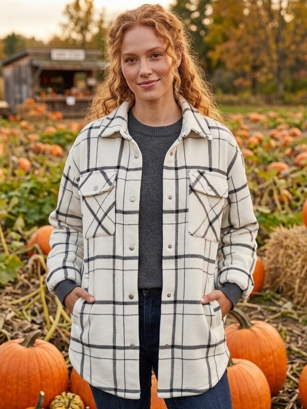 Fornia Los Angeles Cream & Black Plaid Fleece Shacket - size Medium